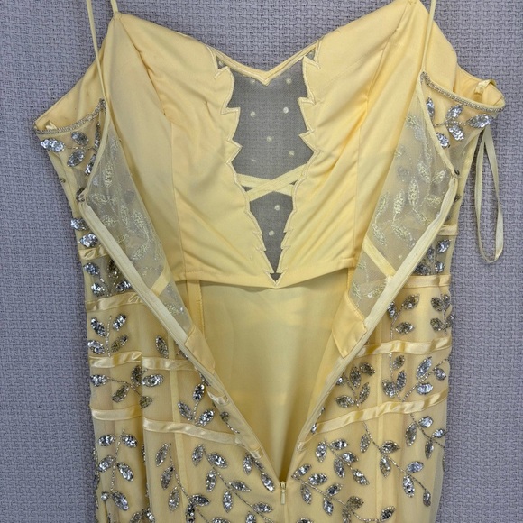 Vintage Cache Yellow Beaded Evening Gown Women L- Maxi Sleeveless Cocktail Sheer - Picture 12 of 14